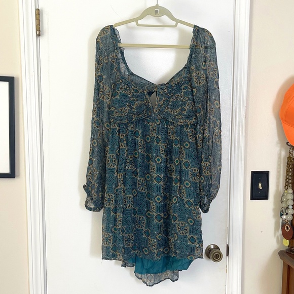 Anthropologie Blue and Brown Patterned Mini Dress - Picture 2 of 16